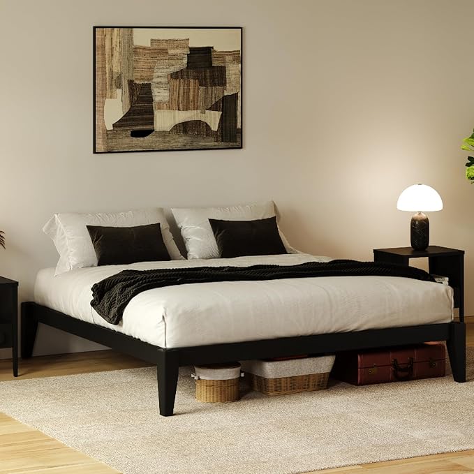 Thor Premium Solid Wood Bed Frame King, Platform Bed, Japanese Joinery Bed Frame, Wood Slat Support, No Box Spring Needed, Easy Assembly, Minimalist & Modern Style (Midnight Charcoal)