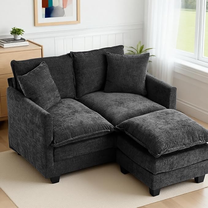 Loveseat Sofa with Ottoman, 50'' Modern L-Shape Cloud Couch Sofa Loveseat with 22'' Ottoman for Small Space/Apartment/Office/Living Room 8834-BLACK-L