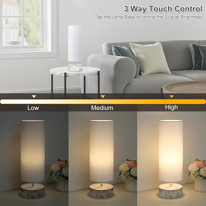 Touch Table Lamp with Metal Base Covered with Marble Grain, 3 Way Dimmable Modern Bedside Nightstand Lamp with White Shade, Simple Night Light for Bedroom Living Room Home Office, LED Bulb Included