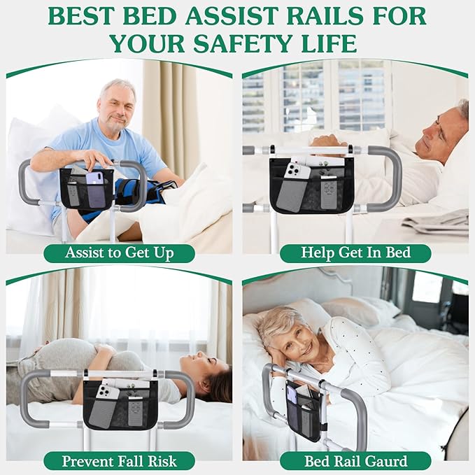 Bed Rails for Elderly Adults Safety - Extended Bed Assist Rail for Seniors - Adjustable Beds Side Rails Handle Support Bar Bed Guard with Storage Bag & Fixing Strap, Fit King Queen Full Twin Beds