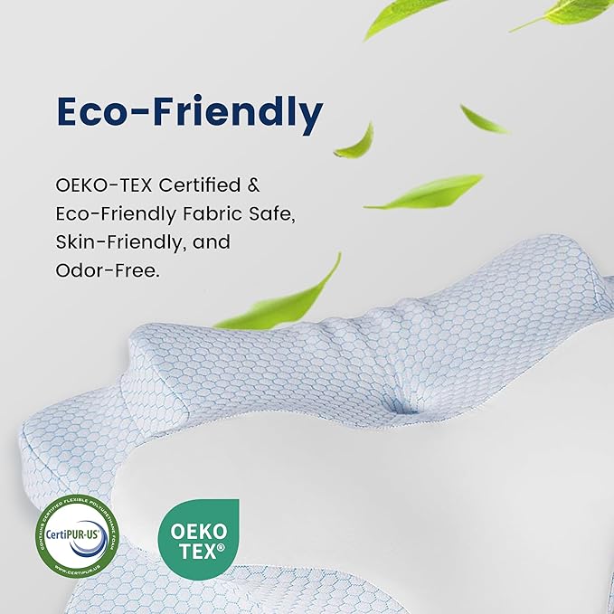 Cervical Pillow for Neck Pain Relief, Ergonomic Dual-Height Memory Foam Pillow with Cooling Breathable Cover for Side, Back & Stomach Sleepers – Blue + White