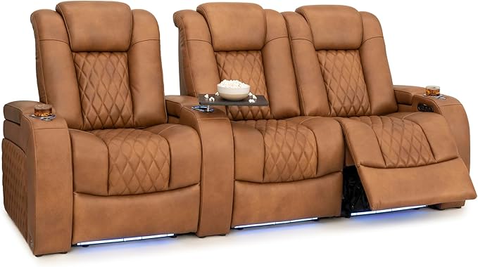 Seatcraft Diamante Zero-Gravity CoolZero Italian Leather Home Theater Seating, Power Headrest, Power Recline, Row of 3 Right Loveseat, Tawny
