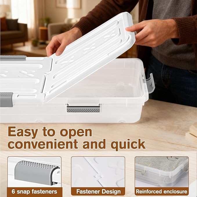 4 PCS*49 Qt Wheeled Latching Under Bed Storage, Double Opening Lids Stackable Bin with Latch Lid, Plastic Container to Organize Shoes Underbed, Clear with White Lid(White)