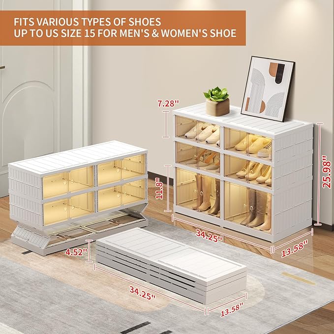 3-Tier Foldable Shoe Rack Organizer for Closet 12Pairs Plastic Shoe Shelf Collapsible Shoes Storage Box Clear Shoe Boxes Stackable with Door Easy Assembly Shoe Cabinet with Lids Large