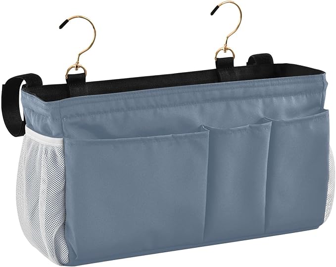 KOPIRIT Dusty Blue Bedside Caddy Storage Bag Bedside Organizer for Headboards Bunk Beds Organizer Caddy Hanging Shelf 6 Pockets with Hooks for Magazine Water Bottle Holder