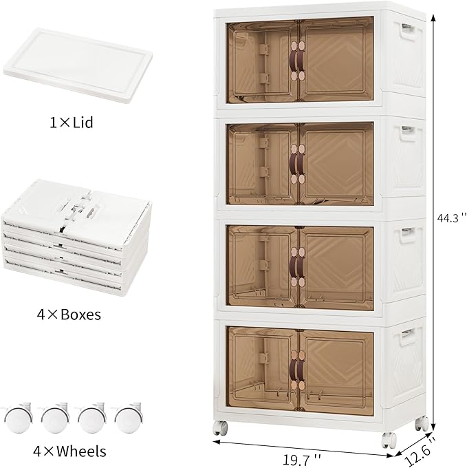 Storage Bins with Lids and Wheels, 180QT-45QT*4Tier Collapsible Bathroom Storage Cabinet with Clear Doors, Plastic Stackable Closet Organizers and Containers White