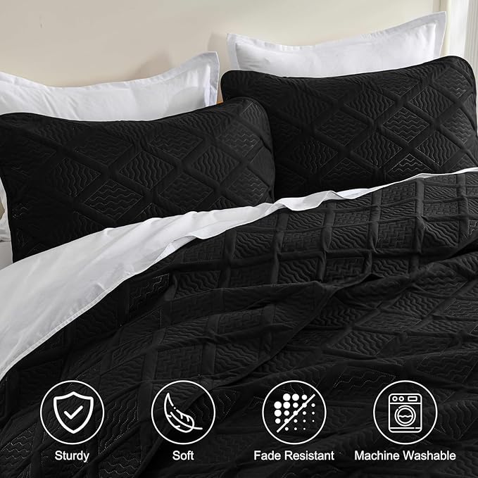 Yiran Black Quilt Set King Size Bedding Set Fall Bedspreads Embossed Diamond Pattern 3 Piece Soft Microfiber Coverlet for All Season with 2 Pillow Shams (King, 106x96 Inch)