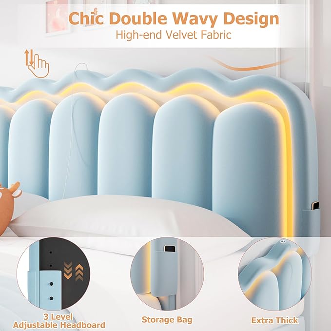 Velvet Upholstered King LED Bed Frame with 2 Storage Drawers and Adjustable Chic Double Wavy Headboard, Princess Platform Bed with Charing Station, Solid Wood Slats Support,No Box Spring Needed,Blue