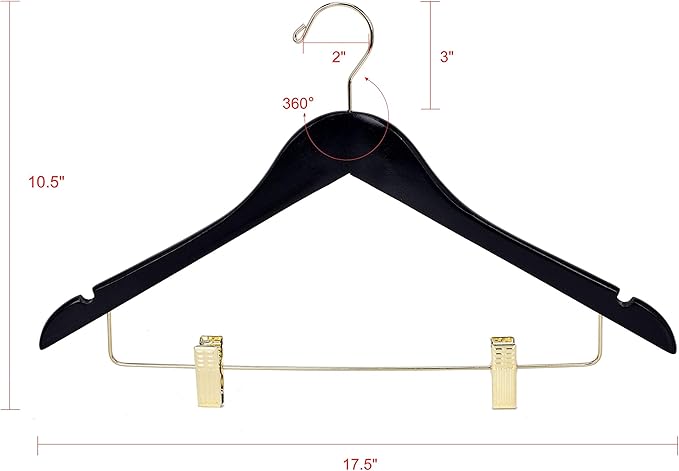 Quality Hangers Quality Wooden Skirt Hangers with Clips 80-Pack Black Pants Adjustable Gold Metal Clips, Swivel Hook, Coat, Jacket, Blouse Suit (Black - 80) 17.5''
