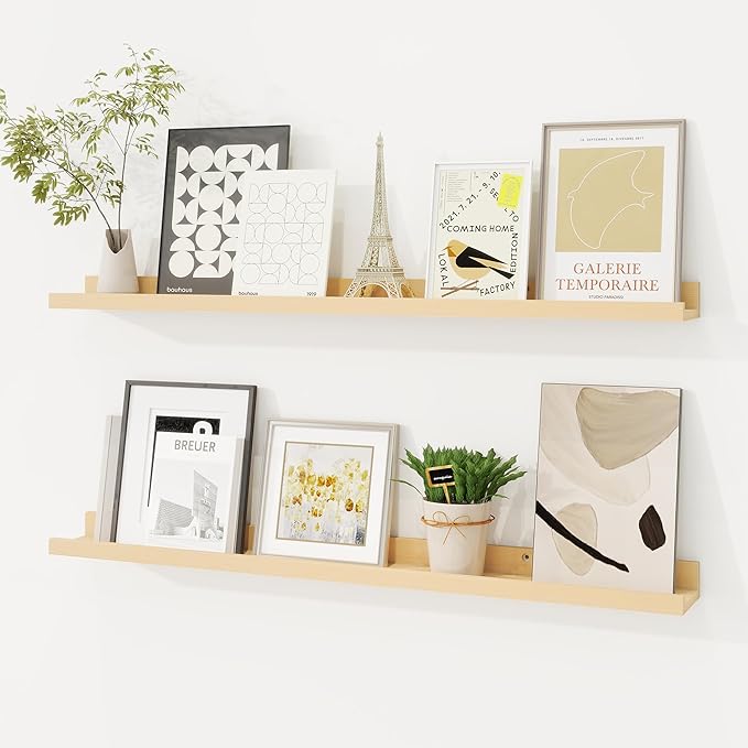Picture Ledge Shelf, Floating Shelves Set of 2, 32 Inches Solid Wood Nursery Book Shelves for Toys Storage, Kids Bookshelf Wall Mounted for Living Room Decor Books Photo Frames, Unfinished Natural