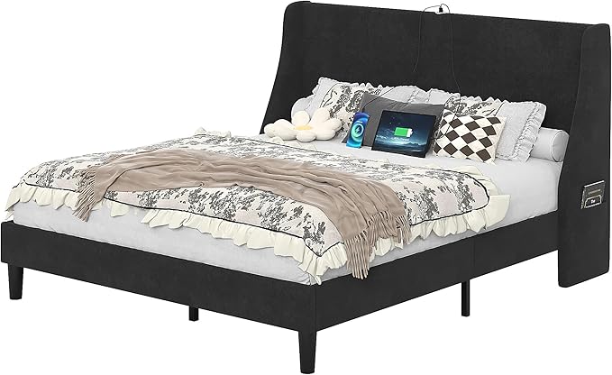 VECELO Full Bed Frame with Upholstered Wingback Headboard, Heavy-Duty Platform Bedframe with Charging Station, Wooden Slats, No Box Spring Needed, Grey