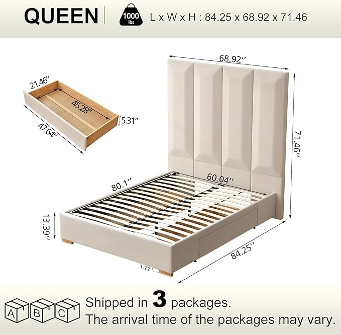 VELOCAVA Queen Size Upholstered Bed Frame with Extra Tall 71.5" 3D Geometric Headboard, Velvet-Like Fabric, 2 Storage Drawers, 30 Wood Slats, Adjustable Center Support, No Box Spring Needed, Beige