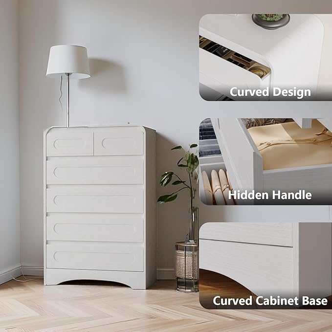 Dresser for Bedroom with 6 Drawers, 44" Tall Modern Dressers & Chest of Drawers with Curved Profile Design, Wood Closet Clothes Storage Dressers Organizer for Bedroom Living Room Hallway, White