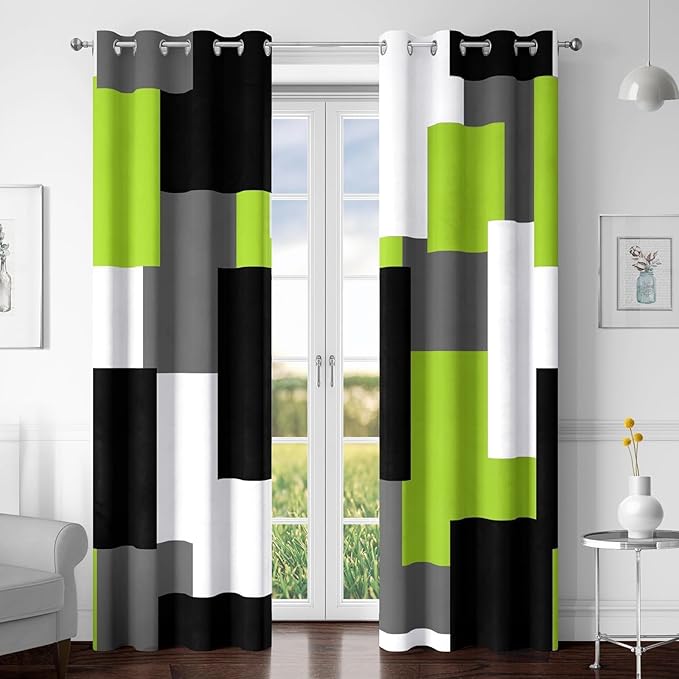 Lime Green 100% Blackout Curtains for Bedroom 84 inch Length 2 Panels Set Light Fresh Modern Abstract Geometric Black Out Curtains Insulated Room Darkening Window Drapes for Living Room, 52Wx84L