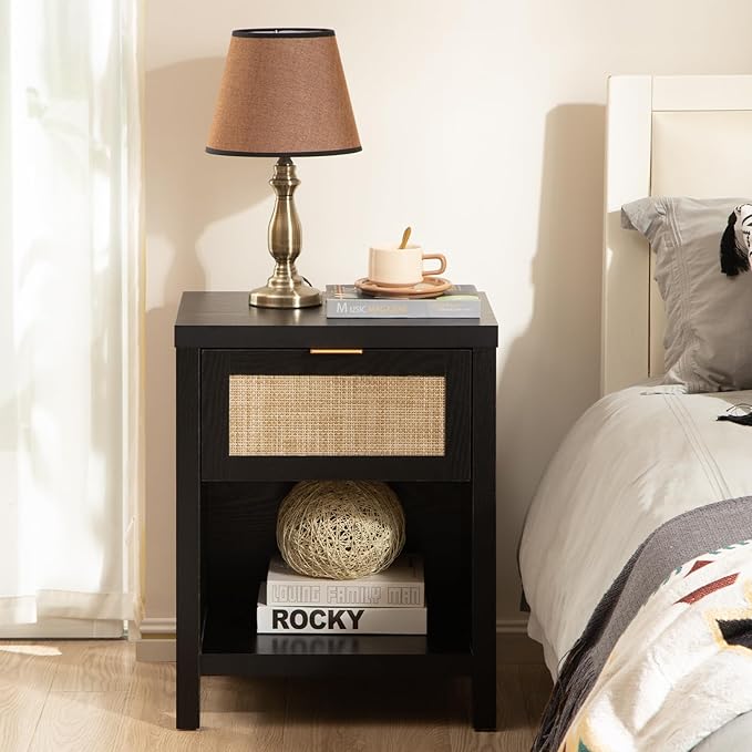 SICOTAS Rattan Night Stands Set of 2, Farmhouse Nightstand Bedside Table with Drawer and Storage Shelf, Boho End Side Table for Bedroom, Small Space, Black Oak