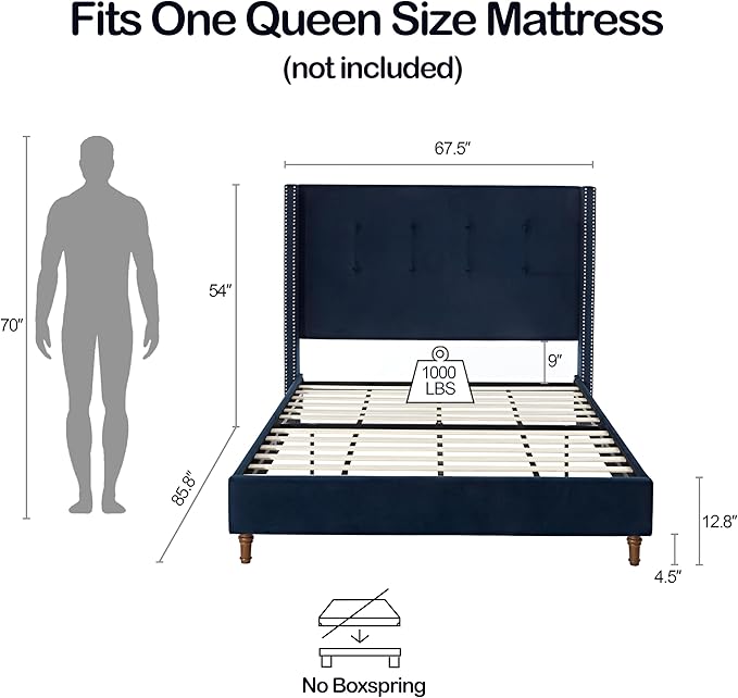 Queen Size Upholstered Bed Frame, 54" Tall Headboard Platform Bedframes with Nail Head Decorative Wingback, Hand Buttoned Tufting Headboard Beds/No Box Spring Needed/Minimalism, Blue Velvet