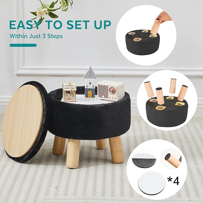 FIMIVIBI Small Foot Stool Ottoman with Storage, Soft Faux Fur Ottoman Foot Rest for Couch, Round Footstool with Storage, Small Ottomans and Footstools for Living Room and Entryway (Black)