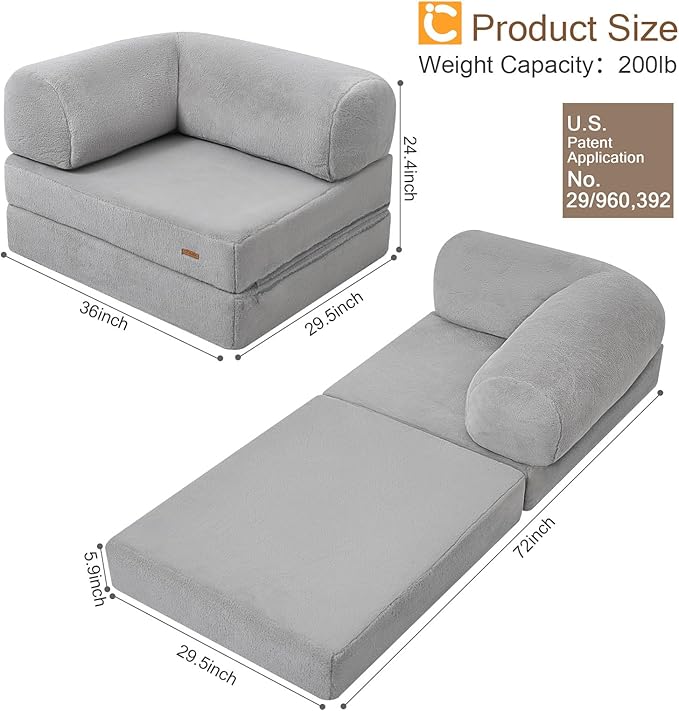 COMAX Folding Sofa Bed Single, Fold Out Chair Bed, Foldable Sofa Chair, Convertible Sleeper Futon for Adults, Floor Couch Mattress for Small Spaces Bedroom Living Room Guest Room, Faux Fur Grey