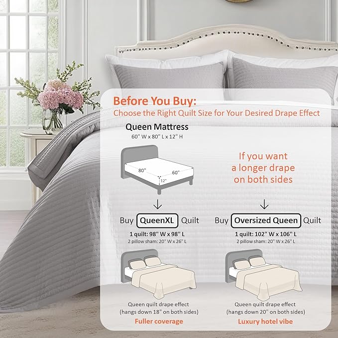 KASENTEX Queen XL Quilt Set 98"x98" – Soft Washed 3-Layer Lightweight Bedspread, Minimalist Nordic Design, All-Season Spring & Summer Quilt Set (1 Quilt + 2 Pillow Shams), Gull