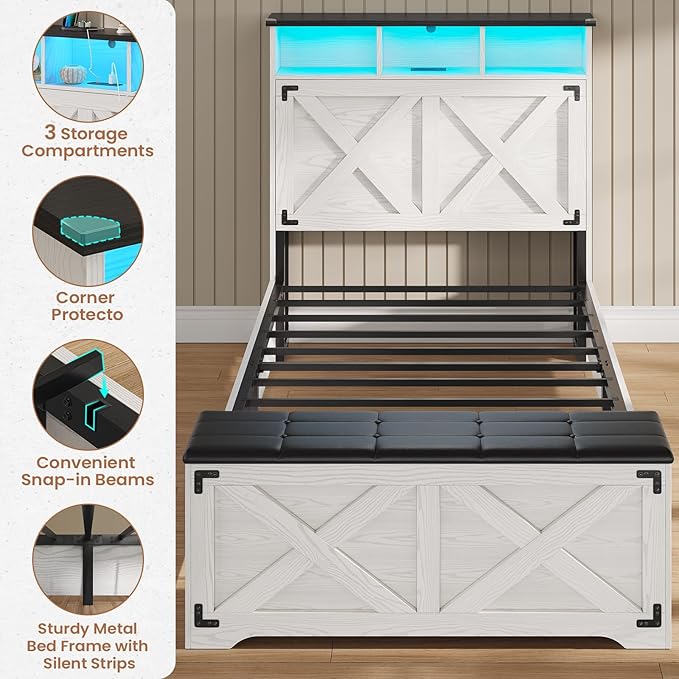 Hasuit Farmhouse Bed Frame Twin Size with Storage Headboard, Charging Station and LED Light, Wooden Twin Bed Frame with Storage Ottoman, Barn Door Design, No Box Spring Needed, No Noise (Walnut White)