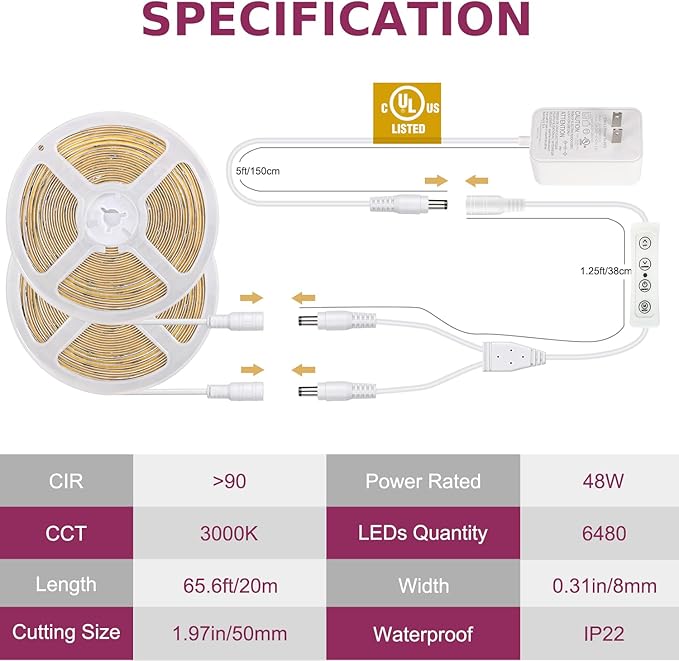 COB LED Strip Light Warm White, 66ft Dimmable 3000K Super Bright White Led Lights with Remote and UL Power Supply, 24V Flexible LED Tape Light for Bedroom, Kitchen, DIY Lighting (2 Rolls of 33ft)