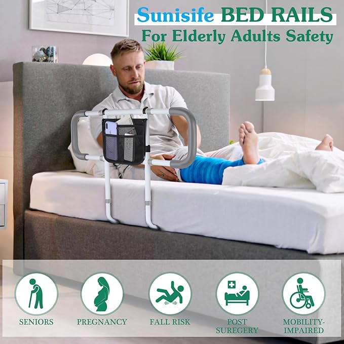 Bed Rails for Elderly Adults Safety - Extended Bed Assist Rail for Seniors - Adjustable Beds Side Rails Handle Support Bar Bed Guard with Storage Bag & Fixing Strap, Fit King Queen Full Twin Beds