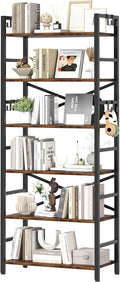 Homeiju 6 Tier Bookshelf, Industrial Bookcase with 8 Hooks, Vintage Storage Rack with Open Shelves, Rustic Standing Bookshelves Metal Frame Display Rack for Living Room, Bedroom, Rustic Brown