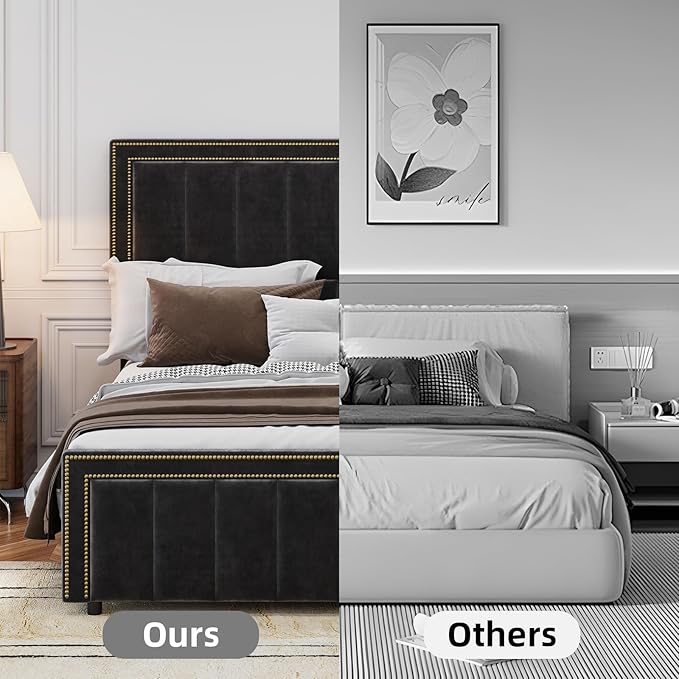 BarnFurin Full Size Bed Frame with 50" Tall Headboard and Footboard, Chenille Upholstered Platform Bed, Vertical Channel Tufting with Nailhead Trim, No Box Spring Needed, Easy Assembly, Black