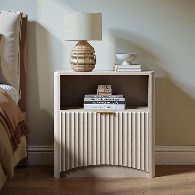 Evermagin Fluted Nightstand, Bedside Table with Drawer and Storage, Wood End Table Mid Century Modern, Large Night Stand for Bedroom, White Alder