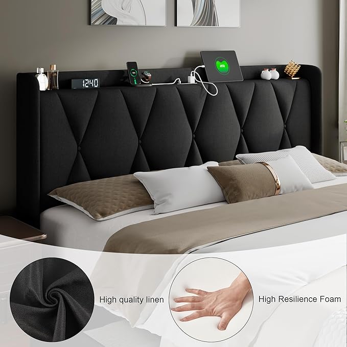 Feonase King Size Bed Frame with 4 Storage Drawers, Upholstered Platform Bed with Charging Station, Wingback Storage Headboard, Wooden Slats Support, No Box Spring Needed, Easy-Assembly, Black