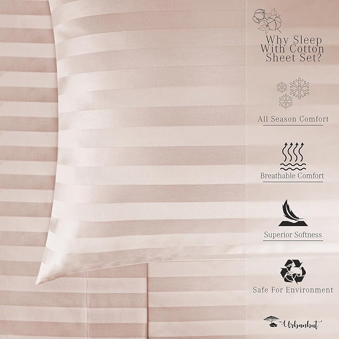 URBANHUT 800 Thread Count 100% Cotton Damask Twin Size Sheets, 4 Piece Striped Twin Size Bedsheets, Luxury Hotel Sheets Sateen Weave - Better Than Egyptian, 14" Elasticized Deep Pocket- Blush Pink