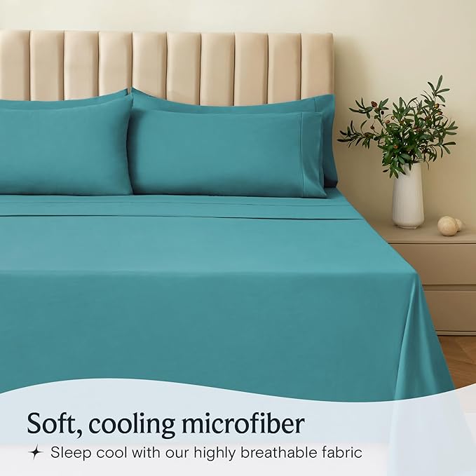 LuxClub 4 PC Queen Sheet Set, Deep Pockets Wrinkle Free Cooling Bed Sheets Hotel Bedding for Women, Men, Includes 1 Fitted Sheet, 1 Flat Sheet and 2 Pillowcases-Silky Soft Teal
