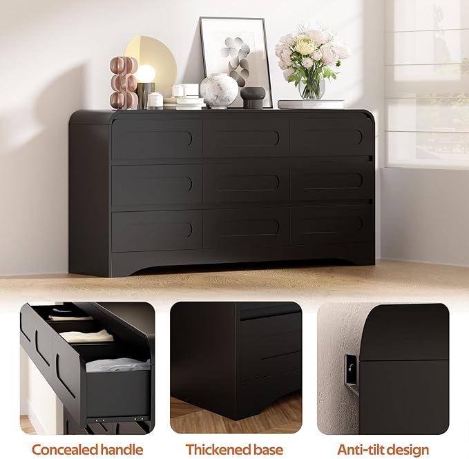 Dresser for Bedroom with 9 Drawers, 63" Large Modern Dressers & Chest of Drawers with Curved Profile Design, Wood Closet Clothes Storage Long Dressers Organizer for Bedroom Living Room Hallway, Black
