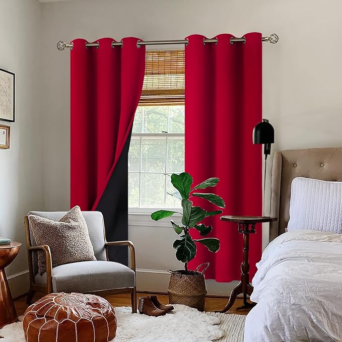 BGment Christmas 100% Blackout Curtains Thermal Insulated with Liner for Living Room Decoration - Grommet Double Layer Energy Saving Bedroom Curtain Drapes (42 x 84 Inches, Red, 2 Panels)