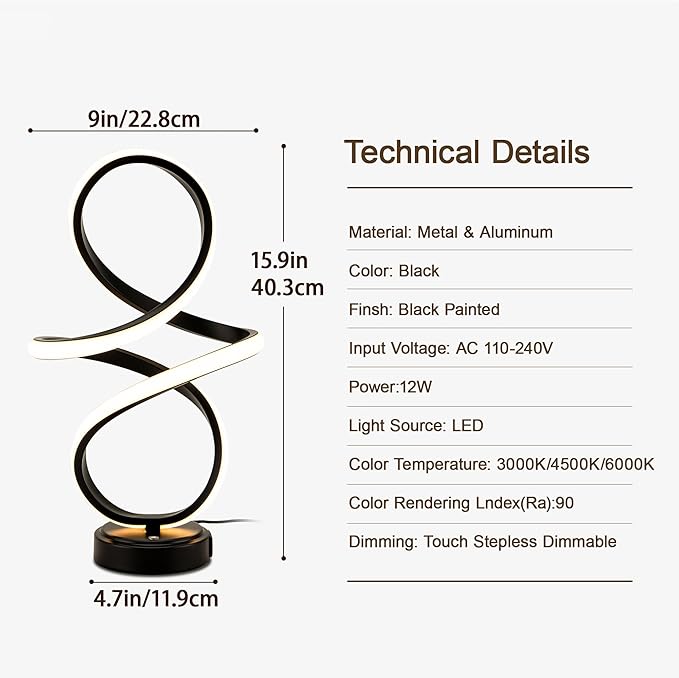 Mayful Modern Spiral Table Lamp, Bedside Lamp with USB C & A Ports, Touch Control Dimmable with 3 Color Temperatures,Unique LED Lamp for Nightstand Bedroom Office Living Room, Black