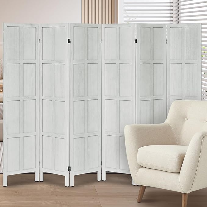 Wood Room Divider 6 Panel Folding Privacy Screen, Classic 5.6Ft Indoor Wooden Partition, Portable Partition Wall Divider for Room Separation, Home, Office, Bedroom, Restaurant (White)