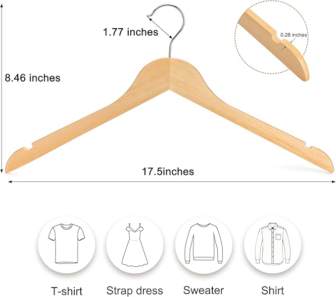 TOPIA HANGER Wooden Hangers 30 Pack, 0.28-inch Slim & Durable Clothes Hangers Space Saving, Natural Wood Hanger with 360°Swivel Hook and Non-Slip Shoulder Notches for Coat,Shirt, Camisole, Dress-CT51N