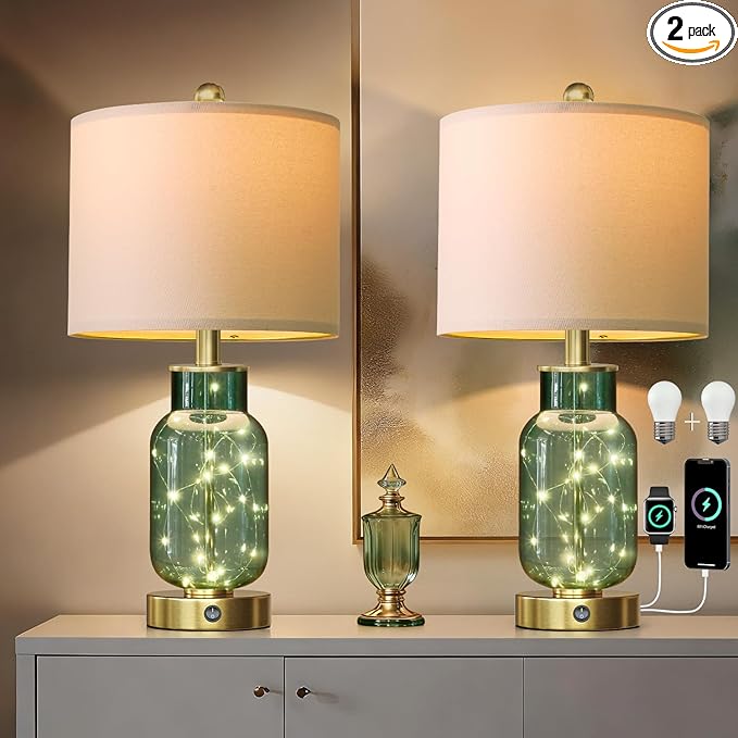 Oneach 22" Glass Table Lamps Set of 2, Green Modern Bedside Lamp with LED Night Light for Living Room, Nightstand Lamp with USB Ports for Bedrooms, Study Room, End Table(2 Bulbs Included)