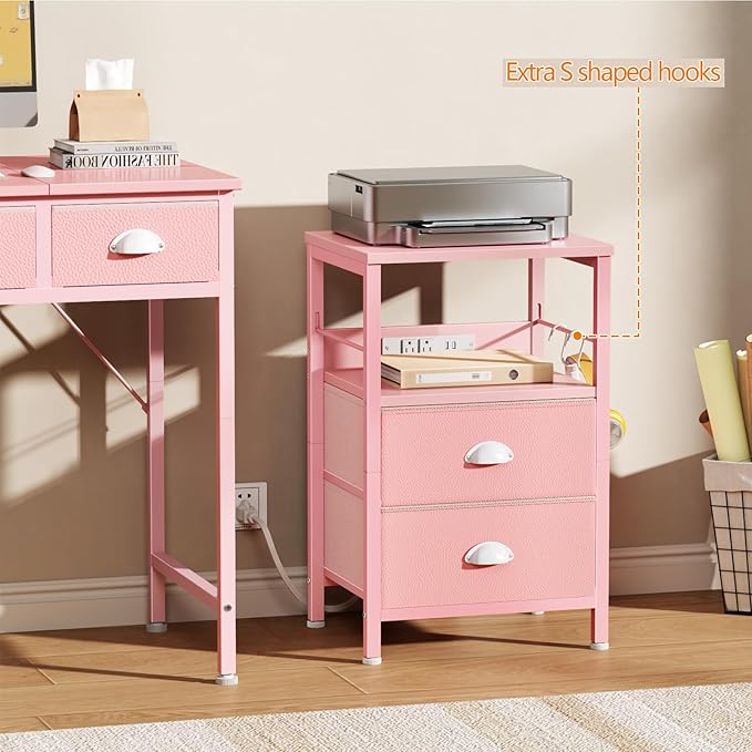 Furologee Nightstand with Charging Station, Night Stand with 2 Fabric Drawers, Side Table with USB Ports, End Table with Storage Shelf, for Living Room/Bedroom, Pink