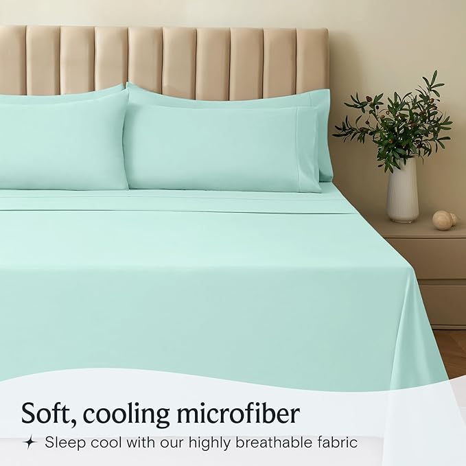 LuxClub 5 PC Sheet Set Bed Sheets Deep Pockets 16" Eco Friendly Wrinkle Free Cooling Machine Washable Hotel Bedding Silky Soft - Aquamarine Split King