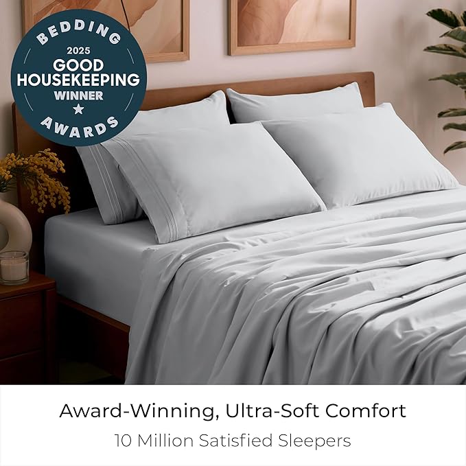 Mellanni King Sheet Set - 6-Piece Iconic Collection Bedding, (Including 4 Pillowcases), 21-Inch Extra Deep Pocket, Easy Care, Ultra Soft, Cooling Sheets, Brushed Microfiber - Light Gray