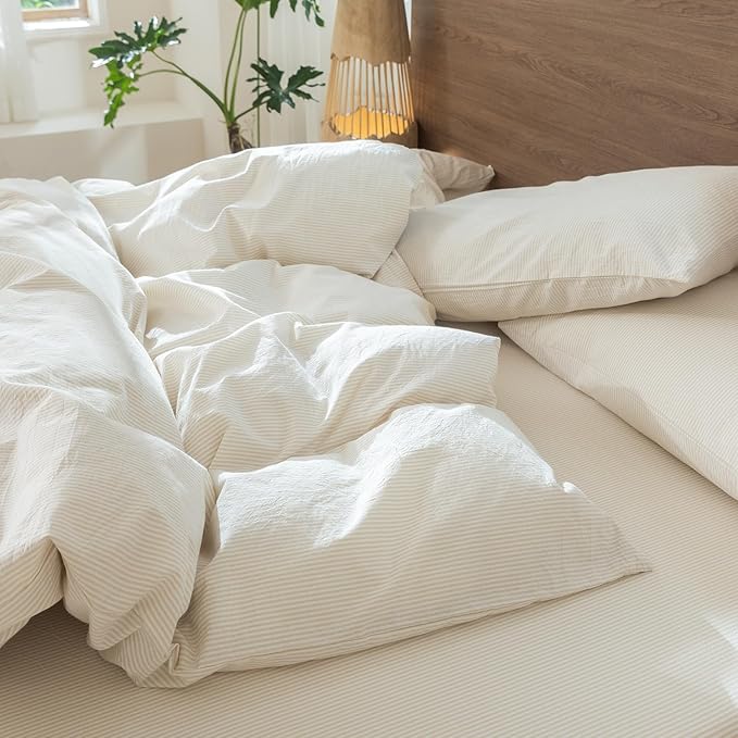 MooMee Striped Duvet Cover Set 100% Washed Cotton Linen Like Textured Breathable Durable Soft Comfy (Almond Milk Grey Pinstripes, Twin 68"x90")