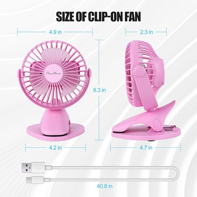 PureHome Portable Clip Fan Battery Operated,3 Speeds USB Rechargeable Mini Table Fan with Strong Airflow,360°Rotation Ultra Quiet Personal Desk Fan for Home Office Bedroom Dorm Stroller Camping- Pink