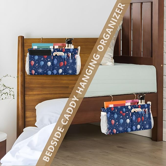 Bedside Caddy Hanging Bunk Bed Caddy Bed Organizer Hanging Pocket with 2 Hooks Bedside Storage Organizer Pocket Bag Holder Navy Blue Patriotic Balloons Fireworks