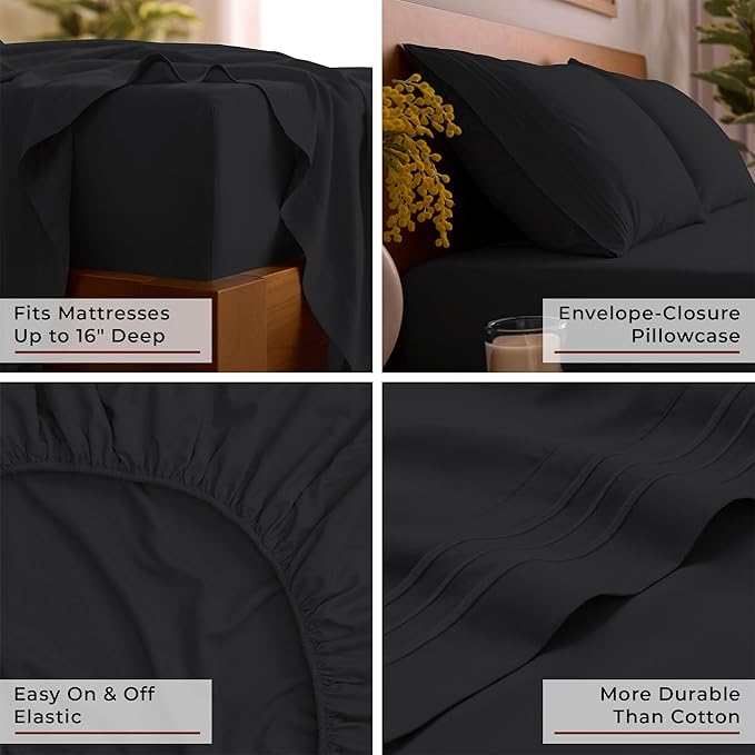 Mellanni Twin Sheet Set - 4-Piece Iconic Collection Bedding, (Including 2 Pillowcases), 16-Inch Deep Pocket, Easy Care, Extra Soft, Cooling Sheets, Brushed Microfiber - Black