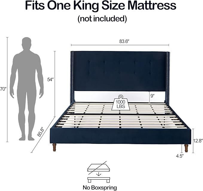 King Size Upholstered Bed Frame, 54" Tall Headboard Platform Bedframes with Nail Head Decorative Wingback, Hand Buttoned Tufting Headboard Beds/No Box Spring Needed/Minimalism, Blue Velvet