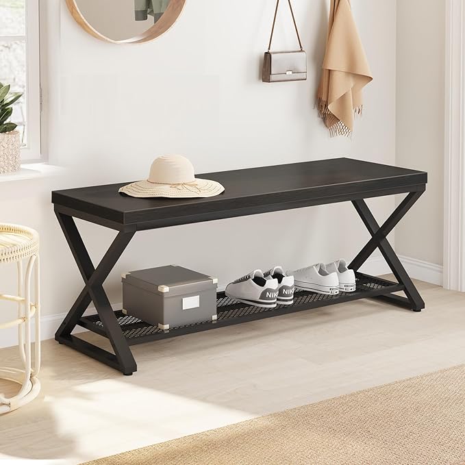 LVB Black Bench, Industrial Entryway Bench with Storage, Indoor Wood and Metal Storage Bench for Living Room Bedroom, Accent Shoe Rack Seating Bench for Hallway Foyer Entrance, Black Oak, 47 inch