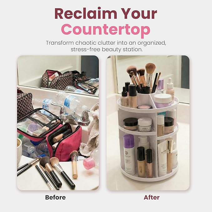 Masirs 360 Rotating Makeup Organizer - Adjustable Shelf Height and Fully Rotatable. The Perfect Cosmetic Organizer for Bedroom Dresser or Vanity Countertop. (White)