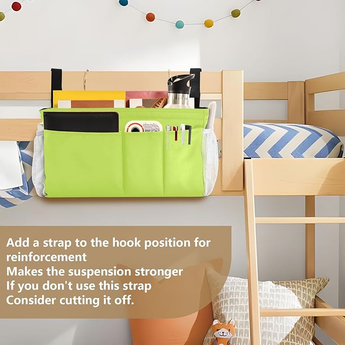 KOPIRIT Neon Yellow Bedside Caddy Storage Bag Bedside Organizer for Headboards Bunk Beds Organizer Caddy Hanging Shelf 6 Pockets with Hooks for Magazine Water Bottle Holder