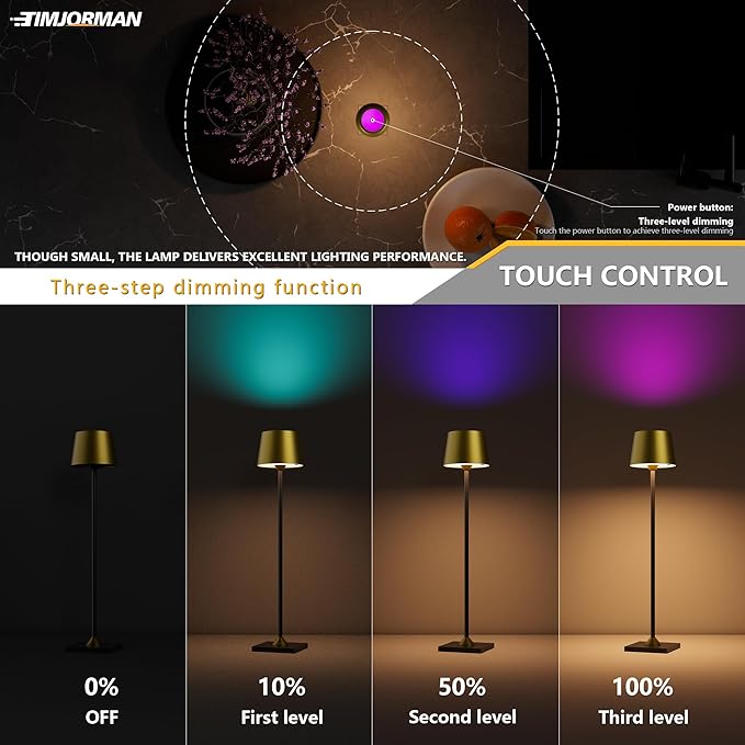 Modern LED Color-Changing Cordless Table lamp, 7 Colors, metal Shade, Touch control with sleep mode for Restaurant, Bedroom, Outdoor Camping, Night Light, Rechargeable (Antique Brass&Black 1 PACK)